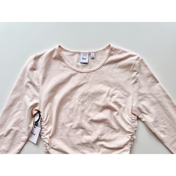NWT Aritzia TNA Chill Malibu Pink Cotton Jersey Ruched Cropped T-Shirt, Size M - Picture 2 of 9